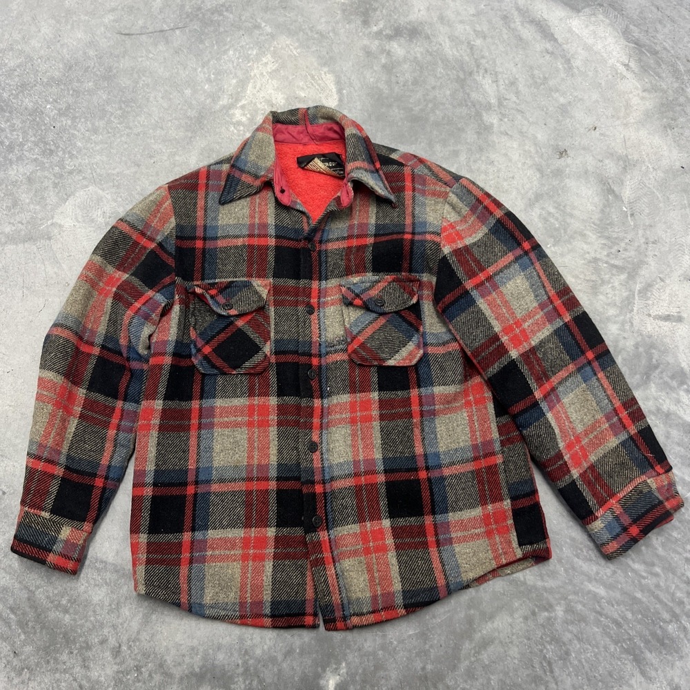 Vintage 60s 70s Sears Sportswear Wool Shirt Jacket Red Plaid Flannel Size 38
